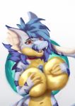  anthro aslley axela big_breasts breast_squish breasts breasts_grab digimon digimon_(species) digital_media_(artwork) female fish gabumon grope hair hi_res inner_ear_fluff looking_at_viewer marine nude red_eyes shark smile smiling_at_viewer solo squish teeth tuft yellow_body yellow_skin 