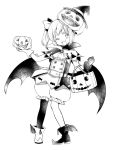  1girl :d ankle_boots belt blush boots bow double-breasted dress fang full_body gloves greyscale hair_bow halloween_bucket halloween_costume hand_up hat holding hota jack-o&#039;-lantern latina_(uchi_no_musume_no_tame_naraba) looking_at_viewer low_wings mismatched_gloves monochrome one_eye_closed open_mouth pigeon-toed pointy_footwear puffy_shorts pumpkin_on_head short_dress shorts simple_background single_thighhigh smile solo thighhighs uchi_no_musume_no_tame_naraba_ore_wa_moshikashitara_maou_mo_taoseru_kamo_shirenai. vampire_costume white_background wings witch_hat 