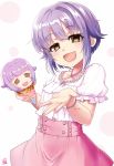  1girl :d bangs blush brown_eyes commentary_request eyebrows_visible_through_hair food hair_between_eyes hair_flaps head_tilt highres holding holding_food ice_cream ice_cream_cone idolmaster idolmaster_cinderella_girls koshimizu_sachiko looking_at_viewer momoda_yasuhito open_mouth pink_skirt puffy_short_sleeves puffy_sleeves purple_hair shirt short_hair short_sleeves sidelocks simple_background skirt smile solo white_background white_shirt 