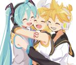  1boy 2girls aqua_eyes aqua_hair aqua_neckwear arm_warmers bangs bare_shoulders black_collar black_sleeves blonde_hair bow collar commentary crop_top detached_sleeves doodle grey_shirt hair_bow hair_ornament hairclip hatsune_miku headphones highres kagamine_len kagamine_rin long_hair m0ti multiple_girls necktie sailor_collar school_uniform shirt short_hair short_ponytail shoulder_tattoo sleeveless sleeveless_shirt spiked_hair swept_bangs tattoo twintails upper_body very_long_hair vocaloid white_bow white_shirt yellow_neckwear 