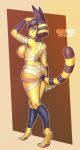  animal_crossing ankha_(animal_crossing) anthro areola big_breasts blue_hair breasts butt complextree domestic_cat egyptian eyebrows eyelashes eyeliner felid feline felis female hair hi_res looking_at_viewer makeup mammal nintendo nipples partial_nudity raised_tail simple_background solo standing video_games wraps yellow_body 