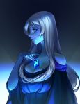  1girl black_nails blue_diamond_(steven_universe) blue_dress blue_eyes blue_skin breasts chest_jewel cleavage crying dress eunjya4632 gem highres long_hair medium_breasts silver_hair simple_background solo steven_universe tears upper_body 