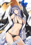  1girl animal_costume artist_name bangs bare_shoulders bikini bikini_under_clothes bird black_bikini blue_bow blue_choker blue_eyes blush bow breasts choker closed_mouth collarbone commentary_request contrapposto cowboy_shot emperor_penguin eyebrows_visible_through_hair fate/grand_order fate_(series) long_hair looking_at_viewer meltryllis meltryllis_(swimsuit_lancer)_(fate) navel off_shoulder penguin penguin_costume purple_hair small_breasts solo splashing stomach swimsuit tyone v-shaped_eyebrows very_long_hair water 
