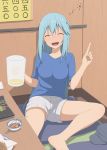  1girl :d ^_^ alternate_costume aqua_(konosuba) blue_hair blue_shirt blush breasts chopsticks closed_eyes contemporary drunk eyebrows_visible_through_hair facing_viewer food holding izakaya kono_subarashii_sekai_ni_shukufuku_wo! large_breasts long_hair no_panties open_mouth salpin shirt shorts sitting smile solo upper_teeth upshorts white_shorts 