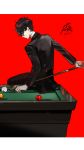  1boy amamiya_ren bangs billiards black-framed_eyewear black_hair black_jacket border btmr_game copyright_name cue_stick glasses jacket long_sleeves male_focus persona persona_5 persona_5_the_royal pool_table red_background school_uniform shuujin_academy_uniform signature simple_background sitting smile solo white_border 