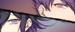  2boys bangs black_hair close-up commentary_request danganronpa eyes gradient gradient_background grey_background highres looking_at_viewer male_focus momota_kaito multicolored_hair multiple_boys nanin new_danganronpa_v3 ouma_kokichi purple_eyes purple_hair spiked_hair split_screen two-tone_hair 