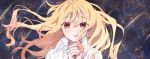  1girl bangs blonde_hair blush collared_shirt commentary eyebrows_visible_through_hair eyes_visible_through_hair floating_hair hair_between_eyes hands_clasped highres long_hair looking_at_viewer nekojarashi_(r-grey) own_hands_together parted_lips project_sekai red_eyes shirt shooting_star sky solo star_(sky) starry_sky tenma_saki upper_body white_shirt 