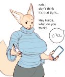  4_fingers aggressive_retsuko ailurid anthro big_breasts breasts canid canine claws clothed clothing colored_nails dialogue digital_media_(artwork) english_text female fennec fenneko fingers fox haida hi_res holding_object huge_breasts mammal nails open_mouth pawpads phone sanrio simple_background solo speach_bubble text tongue topwear venjiiart white_background 