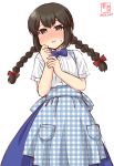  1girl alternate_costume apron artist_logo black_eyes black_hair blue_apron blue_bow blue_neckwear blue_skirt bow bowtie braid commentary_request cowboy_shot dated employee_uniform gingham gingham_apron hair_between_eyes high-waist_skirt highres isonami_(kantai_collection) kanon_(kurogane_knights) kantai_collection kobeya kobeya_uniform long_hair pleated_shirt sidelocks simple_background skirt solo twin_braids twintails uniform unmoving_pattern white_background 