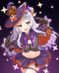  1girl :d black_gloves black_shirt bow bowtie capelet cowboy_shot crop_top gloves gradient gradient_background hairband halloween hat hololive long_hair long_sleeves looking_at_viewer midriff miniskirt murasaki_shion navel open_mouth orange_eyes pensuke purple_background purple_headwear purple_skirt shirt skirt smile solo striped striped_shirt thigh_strap v-shaped_eyebrows white_hair witch_hat 