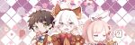  1girl 2boys :3 ? ahoge animal_ears bangs blush_stickers bow brown_hair bunny_hair_ornament candy checkered checkered_background child commentary_request danganronpa fang food gloves green_bow green_eyes hair_between_eyes hair_ornament halloween_costume hinata_hajime holding komaeda_nagito light_brown_hair lollipop long_hair midou_(grk12138) multiple_boys nanami_chiaki open_clothes open_mouth orange_shirt paw_gloves paws pocket_watch print_shirt puffy_short_sleeves puffy_sleeves red_bow ribbon shirt short_hair short_sleeves smile super_danganronpa_2 swirl_lollipop watch white_bow white_hair wolf_ears younger 