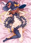  1girl abigail_williams_(fate/grand_order) asanagi asymmetrical_legwear bangs bare_legs barefoot black_bow black_headwear black_legwear black_panties blonde_hair bow breasts commentary_request fate/grand_order fate_(series) forehead hand_on_headwear hat hat_bow hat_ornament highres keyhole long_hair looking_at_viewer lying navel no_bra on_back open_mouth orange_bow panties parted_bangs polka_dot polka_dot_bow red_eyes single_thighhigh small_breasts smile solo string_panties stuffed_animal stuffed_toy teddy_bear thighhighs toes underwear underwear_only very_long_hair witch_hat 
