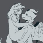  1:1 anthro ash_(chaoticrampage) blush butt carrying digital_media_(artwork) dragon duo eye_contact felid feline hair hi_res horn leg_grab lithiumred looking_at_another male male/male mammal monochrome nude simple_background smile standing vox_(lithiumred) wings 