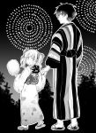  1boy 1girl aerial_fireworks blush child closed_mouth dale_lecky fireworks floral_print greyscale height_difference highres holding holding_hands hota japanese_clothes kimono latina_(uchi_no_musume_no_tame_naraba) long_sleeves looking_at_viewer looking_back medium_hair monochrome obi parted_lips sandals sash summer_festival twintails uchi_no_musume_no_tame_naraba_ore_wa_moshikashitara_maou_mo_taoseru_kamo_shirenai. wide_sleeves yukata 