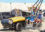  6+girls :d absurdres american_flag_dress black_hair blonde_hair blue_bow blue_dress blue_eyes blue_sky bow bowtie car chanta_(ayatakaoisii) cirno closed_mouth clownpiece collared_shirt daiyousei day dress driving dust gachimuchi green_hair ground_vehicle hair_bow hair_ornament hand_up hat hat_bow highres ice junkyard_boyz lily_white long_hair looking_at_viewer luna_child motor_vehicle multiple_girls one_side_up open_mouth orange_hair outdoors red_bow red_neckwear sanpaku shirt sitting sketch sky smile standing star_sapphire sunny_milk sweatdrop touhou twintails v white_dress white_footwear white_headwear white_shirt wide-eyed wings 