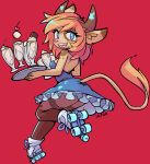  2020 alice_(moomaid) anthro blonde_hair blue_eyes blush bovid bovine breasts cattle clothing dress female hair hi_res horn legwear looking_at_viewer mammal milkshake open_mouth pantyhose red_background rollerskates simple_background smile solo tan_body ultrabondagefairy 