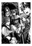  2boys 3girls animal_ears armor bangs border bracelet braid braided_ponytail breastplate bruise bruise_on_face clenched_teeth elbow_gloves fan glass_(tate_no_yuusha_no_nariagari) gloves greyscale hair_over_shoulder highres holding holding_fan holding_scythe injury iwatani_naofumi jewelry l&#039;arc_berg_sickle long_hair minami_seira monochrome multiple_boys multiple_girls novel_illustration official_art open_mouth outside_border pants ponytail raccoon_ears raccoon_girl raphtalia scythe shoulder_armor split_screen sweatdrop swept_bangs tate_no_yuusha_no_nariagari teeth therese_alexanderite twintails white_border 