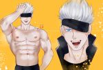  1boy abs armpits artist_name bara barayot black_shirt blindfold blue_eyes cropped_shoulders fangs gojou_satoru hand_in_hair highres jujutsu_kaisen male_focus nipples one_eye_covered pectorals shirt shirtless short_hair solo spiked_hair sweat tongue upper_body veins white_hair 