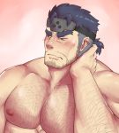  1boy adam&#039;s_apple arm_hair bara blue_eyes blush body_hair chest_hair dark_blue_hair facial_hair feiya6022 forehead_protector forked_eyebrows gammei_(live_a_hero) hair_strand hairy hand_on_own_neck highres live_a_hero male_focus muscle nipples nude pectorals short_hair sideburns simple_background solo stubble tied_hair undercut upper_body 