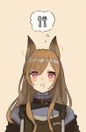  1girl animal_ears arknights asymmetrical_bangs bangs black_vest blush brown_hair ceobe_(arknights) commentary dog_ears drooling ear_wiggle eyebrows_visible_through_hair fork hair_between_eyes highres long_hair looking_up parted_bangs pink_background red_eyes shimasato shirt simple_background solo spoon straight_hair thought_bubble turtleneck upper_body vest white_shirt 