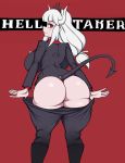  absurd_res big_butt bottomwear breasts butt clothed clothing demon demon_humanoid female hair helltaker hi_res horn humanoid looking_at_viewer looking_back lucifer_(helltaker) mammal mole_(marking) panties pants pants_down partially_clothed red_eyes shirt simple_background solo thanuki topwear underwear white_hair 
