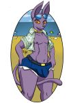  2018 abs absurd_res aloha_shirt alpha_channel anthro athletic athletic_male aviator_glasses aviators beach beach_towel beach_umbrella beerus belt belt_buckle bottomwear bulge cel_shading circular_background clothing cloud denim denim_clothing domestic_cat dragon_ball dragon_ball_super eyelashes eyeshadow eyewear eyewear_on_head felid feline felis frooby genital_outline girly hairless hairless_cat hi_res hotpants jeans long_ears long_tail looking_at_viewer makeup male mammal neck_ring nipples pants purple_body purple_eyeshadow purple_nose purple_skin rolled_up_pants sea seaside shaded shorts smile solo sphynx_(cat) sunglasses sunglasses_on_head thick_thighs thumb_in_waistband unbuttoned_shirt water yellow_eyes 