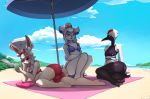  anthro avian beach bikini bird breasts canid canine canis clothing detailed_background female fur group hair hakuro_(onmyoji) hi_res lagomorph leporid mammal oitsukigami_(onmyoji) onmyoji phone rabbit sea seaside sky swimwear ubume_(onmyoji) umbrella usaki_gami water wolf 