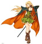  1girl bangs belt blonde_hair blue_cape breastplate brown_footwear cape circlet closed_mouth deedlit dot_nose dress full_body green_dress green_eyes hand_up highres kotatsu_(g-rough) long_hair orange_cape parted_bangs pointy_ears record_of_lodoss_war shoes short_dress signature simple_background smile solo standing two-sided_cape two-sided_fabric white_background 