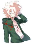  1boy closed_mouth commentary_request cropped_torso danganronpa green_jacket grey_eyes hair_between_eyes hair_over_one_eye hand_in_hair hand_up highres hood hood_down hoodie jacket komaeda_nagito long_sleeves looking_at_viewer male_focus medium_hair messy_hair midou_(grk12138) open_clothes open_jacket print_shirt shirt simple_background smile solo super_danganronpa_2 upper_body white_background white_hair 