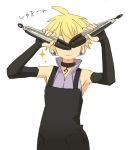  1boy apron bass_clef black_apron blonde_hair collar covering_eyes d_futagosaikyou elbow_gloves facing_viewer gloves holding kagamine_len male_focus smile sparkle spiked_hair tongs upper_body vocaloid vocaloid_append white_background 