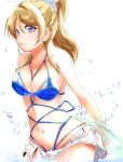  1girl arms_behind_back ayase_eli bare_shoulders between_breasts bikini blonde_hair blue_bikini blue_eyes bow breasts cleavage collarbone cowboy_shot denim denim_shorts hair_between_eyes highres innertube large_breasts long_hair looking_at_viewer love_live! love_live!_school_idol_project navel parted_lips ponytail short_shorts shorts sidelocks simple_background solo swimsuit unbuttoned urutsu_sahari water_drop white_background white_shorts 