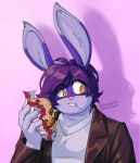  anthro bodily_fluids brown_clothing burger clothed clothing eating eyebrows fingers food fur hair hi_res humanoid_hands lagomorph lapinbeau leporid male mammal multicolored_body multicolored_ears multicolored_fur pink_nose purple_body purple_ears purple_fur purple_hair rabbit saliva shirt signature simple_background solo teeth topwear two_tone_body two_tone_ears two_tone_fur white_clothing white_shirt white_topwear yellow_eyes 