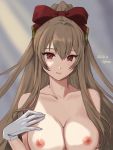  1girl 2020 artist_request azur_lane bow breasts gloves hair_between_eyes hair_bow hand_on_own_chest highres large_breasts light_brown_hair long_hair looking_at_viewer nipples nude red_bow red_eyes simple_background solo swiftsure_(azur_lane) upper_body white_gloves 