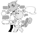  animal_crossing anthro beaver buckteeth c.j._(animal_crossing) chameleon chatting choker clothing dialogue duo flick_(animal_crossing) freckles horn jewelry lizard male mammal monochrome necklace nintendo pasikon piercing reptile rodent scalie sweater teeth topwear video_games walking 