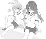 2girls ? animal_ears arm_support blush breasts bunny_ears carrot cropped_legs greyscale gym_shirt gym_shorts gym_uniform hand_on_own_chest highres hololive hololive_indonesia knee_up knees light_smile long_hair looking_at_another medium_breasts monochrome moona_hoshinova multicolored_hair multiple_girls shirt shorts simple_background sitting small_breasts spoken_question_mark starry_hair tsurime twintails two-tone_hair very_long_hair white_background xiaowei_(xxx29042536) 