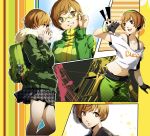  1girl brown_eyes brown_hair fingerless_gloves glasses gloves green_jacket grin highres jacket multiple_views nakano_maru open_mouth persona persona_4 pleated_skirt satonaka_chie shirt short_hair skirt smile track_jacket white_shirt zipper_pull_tab 