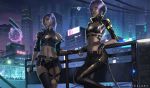  2girls au_ra breasts building city final_fantasy final_fantasy_xiv gloves horns navel nibelart ponytail purple_hair see_through short_hair tail thighhighs yellow_eyes 