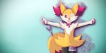  2:1 ambiguous_gender anthro aru_(furry_in_a_hurry) braixen canid canine collar furry_in_a_hurry happy hi_res hug huggle light looking_at_viewer mammal nintendo one_eye_closed pok&eacute;mon pok&eacute;mon_(species) simple_background smile solo sunlight sunny video_games wink 