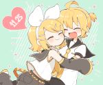  1boy 1girl arm_warmers bangs black_collar black_shorts blonde_hair bow brother_and_sister cheek-to-cheek closed_eyes collar date_pun dated good_twins_day grey_collar grey_shorts grey_sleeves hair_bow hair_ornament hairband hairclip hug kagamine_len kagamine_rin mutual_hug najo necktie number_pun open_mouth sailor_collar school_uniform shirt short_hair short_ponytail short_sleeves shorts siblings smile sparkle spiked_hair swept_bangs twins twitter_username vocaloid white_bow white_shirt yellow_neckwear 