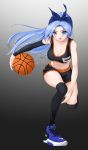  1girl artist_name basketball black_legwear blue_footwear blue_hair breasts chaesu cleavage collarbone detached_sleeves forehead headwear highres jersey long_hair medium_breasts navel original shoes shorts solo thighhighs tongue tongue_out 