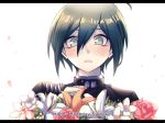  1boy bangs black_hair black_jacket blush bouquet character_name commentary_request criis-chan danganronpa face flower grey_eyes hair_between_eyes happy_birthday jacket letterboxed looking_at_viewer male_focus new_danganronpa_v3 open_mouth petals saihara_shuuichi simple_background solo striped_jacket subtitled watermark web_address white_background white_flower 