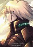  1boy ahoge android armor artist_name bangs blue_eyes closed_mouth criis-chan danganronpa english_text from_side grey_eyes keebo male_focus new_danganronpa_v3 pale_skin profile short_hair solo spoilers subtitled upper_body watermark web_address white_hair 
