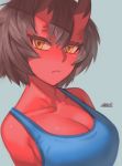  1girl blue_tank_top breasts brown_eyes brown_hair cleavage closed_mouth grey_background horns kidouko_(zakusi) large_breasts looking_at_viewer oni oni_horns original red_oni red_skin short_hair signature simple_background solo symbol_commentary tank_top upper_body zakusi 