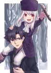  1boy 1girl :d absurdres arm_up bangs black_coat black_hair black_neckwear black_shirt blush coat collared_shirt dress_shirt emiya_kiritsugu eyebrows_visible_through_hair fate/stay_night fate_(series) father_and_daughter floating_hair hair_between_eyes hand_on_another&#039;s_head hat highres illyasviel_von_einzbern kaikaiseisei999 long_hair necktie no_pupils open_mouth pants purple_coat purple_eyes purple_headwear red_eyes scarf shirt silver_hair smile white_pants white_scarf wing_collar winter 