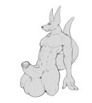  2020 abs absurd_res anthro balls big_balls big_penis canid canine canis genitals hi_res huge_balls humanoid_genitalia humanoid_penis jackal kneeling male mammal monochrome muscular muscular_anthro muscular_male muscular_thighs nude pecs penis restricted_palette simple_background solo symmhusky white_background 