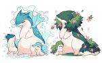  alternate_color bug butterfly charamells closed_eyes commentary cyndaquil english_commentary flower gen_2_pokemon grass highres insect leaf leaves_in_wind no_humans paws pink_flower pokemon pokemon_(creature) quilava smile standing starfish typhlosion water_drop white_background 