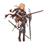  1girl alternate_costume armor bangs blue_eyes bolt_action boots breasts brown_footwear cape character_name closed_mouth damaged fangdan_runiu gauntlets girls_frontline gun holding holding_gun holding_weapon large_breasts long_hair medieval mosin-nagant mosin-nagant_(girls_frontline) official_art plate_armor red_cape rifle sidelocks solo standing sword torn_cape torn_clothes torn_legwear transparent_background weapon 