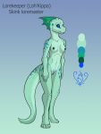  3:4 anthro bastiel blue_eyes blue_spots breasts female green_body green_scales hi_res lizardman_(warhammer_fantasy) lorekeeper_(character) model_sheet pubic_tattoo scales skink_(warhammer_fantasy) small_breasts solo spots warhammer_(franchise) 