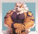  2020 3_fingers anthro arcanine big_muscles black_body black_fur black_nipples black_nose blue_eyes clothed clothing fingers fur half-length_portrait hi_res huge_muscles humanoid_hands jockstrap makowolf1 male muscular muscular_anthro muscular_male nintendo nipples orange_body orange_fur pok&eacute;mon pok&eacute;mon_(species) portrait simple_background smile solo standing striped_body striped_fur stripes topless underwear video_games white_body white_fur 