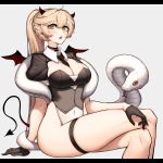  1girl absurdres between_breasts blonde_hair breasts choker cleavage commentary_request crossed_legs demon_tail demon_wings fang girls_frontline gloves hachirodesu highres horns large_breasts leotard long_hair looking_at_viewer navel necktie open_mouth ots-14_(girls_frontline) pointy_ears ponytail sitting snake solo tail thigh_strap thighs white_snake wings 